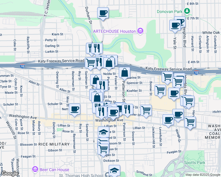 map of restaurants, bars, coffee shops, grocery stores, and more near 4602 Eigel Street in Houston
