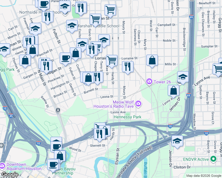 map of restaurants, bars, coffee shops, grocery stores, and more near 1508 McKee Street in Houston