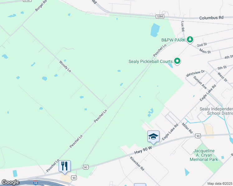 map of restaurants, bars, coffee shops, grocery stores, and more near 932 Peschel Ln in Sealy