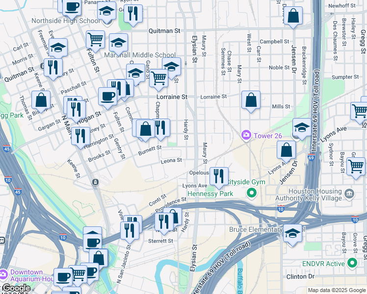 map of restaurants, bars, coffee shops, grocery stores, and more near 1508 McKee Street in Houston