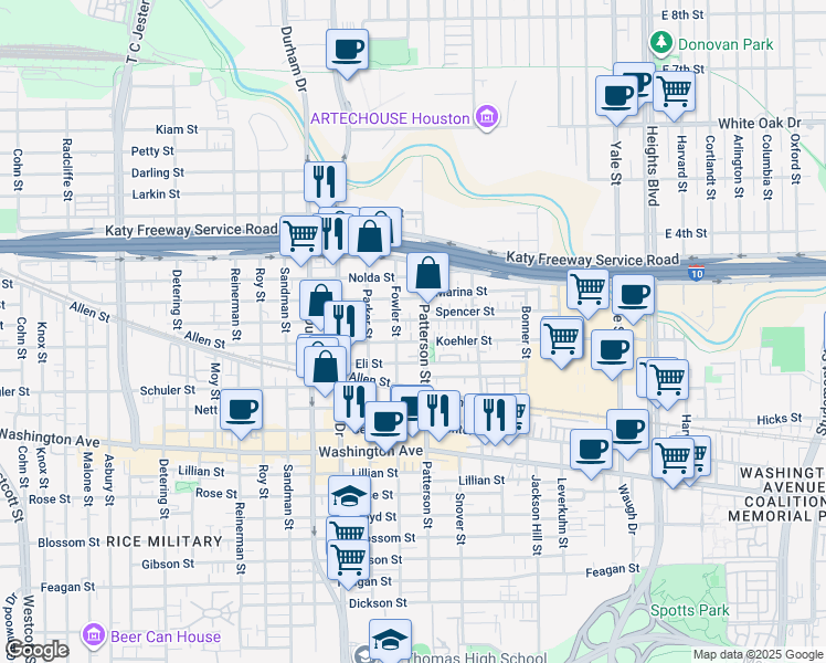 map of restaurants, bars, coffee shops, grocery stores, and more near 4447 Spencer Street in Houston