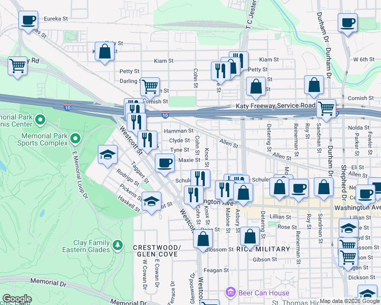 map of restaurants, bars, coffee shops, grocery stores, and more near 6008 Tyne Street in Houston