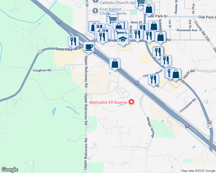 map of restaurants, bars, coffee shops, grocery stores, and more near Grand Boulevard in Boerne