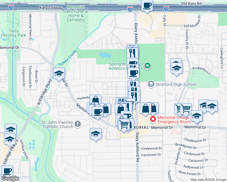 map of restaurants, bars, coffee shops, grocery stores, and more near 14722 Perthshire Road in Houston