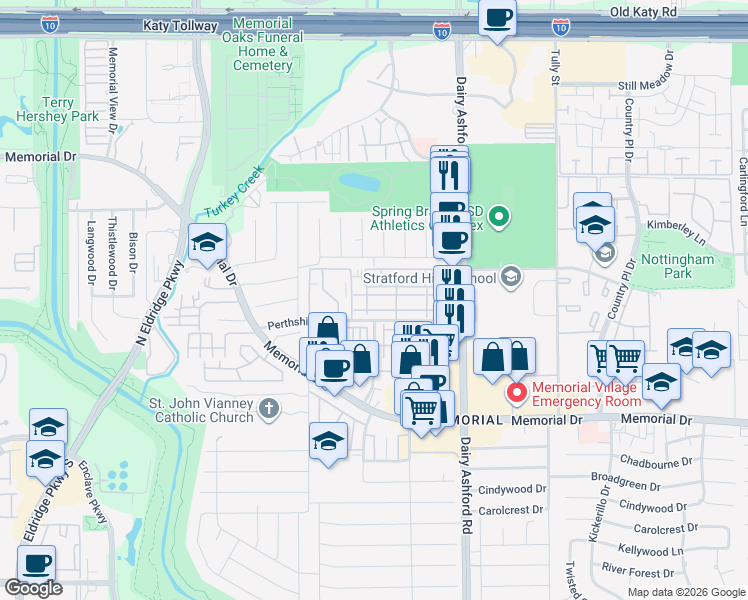 map of restaurants, bars, coffee shops, grocery stores, and more near 14722 Perthshire Road in Houston