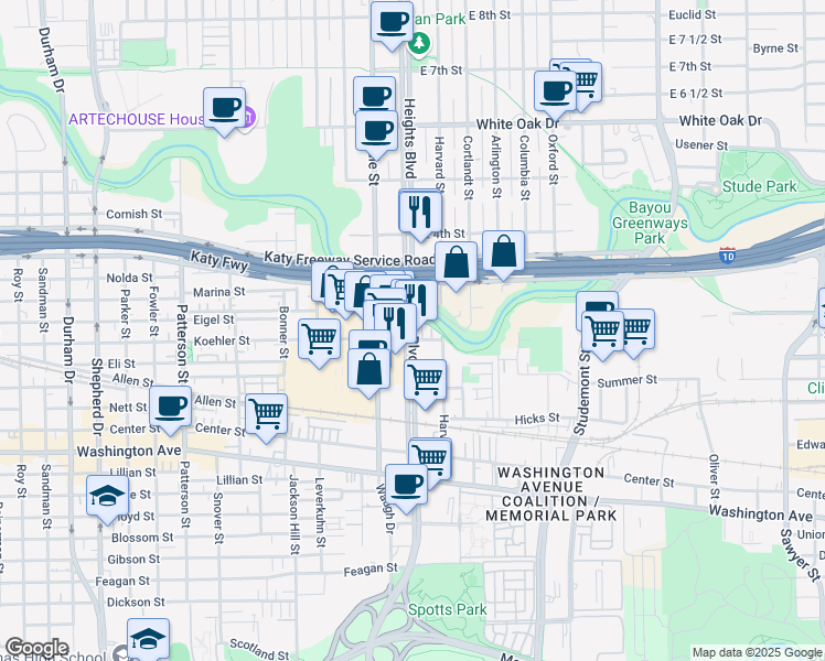 map of restaurants, bars, coffee shops, grocery stores, and more near 217 Heights Boulevard in Houston