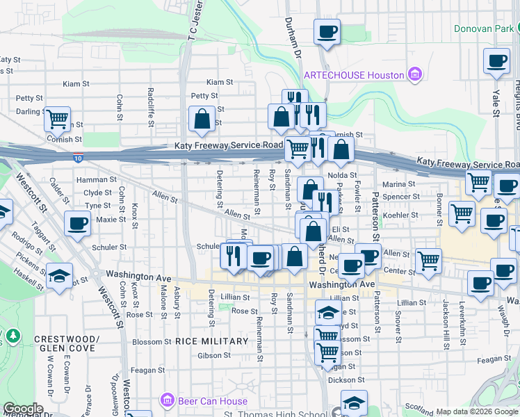 map of restaurants, bars, coffee shops, grocery stores, and more near 1604 Reinerman Street in Houston