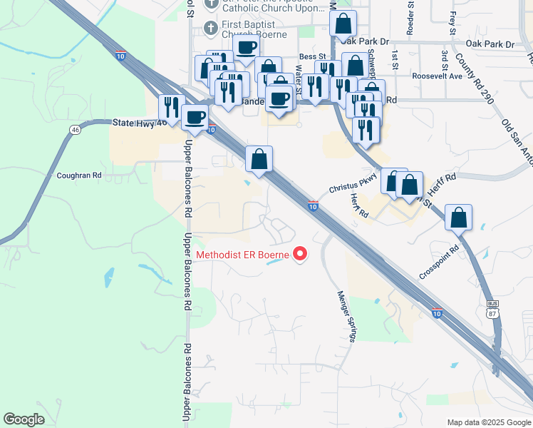 map of restaurants, bars, coffee shops, grocery stores, and more near Grand Boulevard in Boerne