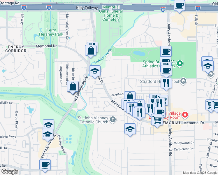 map of restaurants, bars, coffee shops, grocery stores, and more near 14915 Kimberley Lane in Houston
