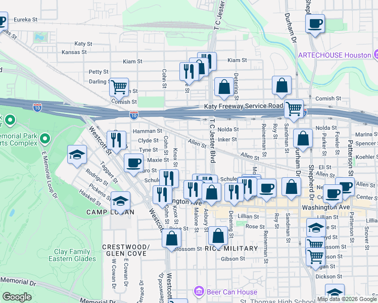 map of restaurants, bars, coffee shops, grocery stores, and more near 1537 Malone Street in Houston