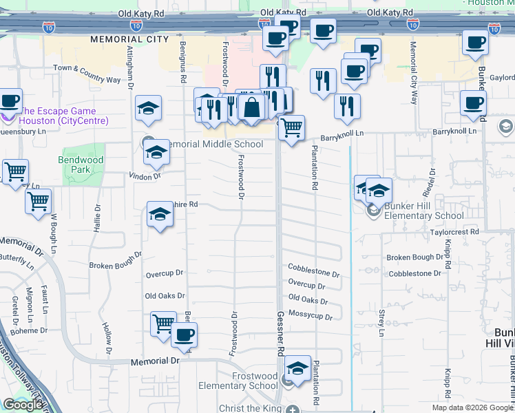 map of restaurants, bars, coffee shops, grocery stores, and more near 12315 Woodthorpe Lane in Houston
