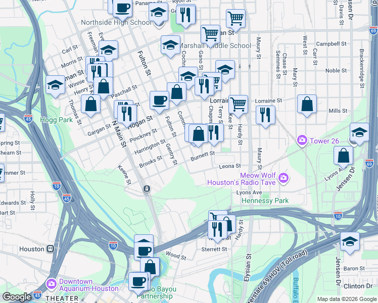 map of restaurants, bars, coffee shops, grocery stores, and more near 1206 Brooks Street in Houston