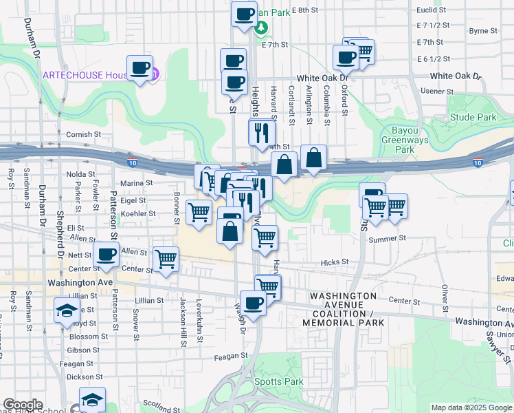 map of restaurants, bars, coffee shops, grocery stores, and more near 121 East 2nd Street in Houston