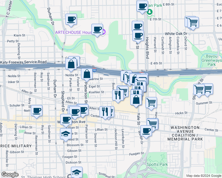 map of restaurants, bars, coffee shops, grocery stores, and more near 4130 Eigel Street in Houston