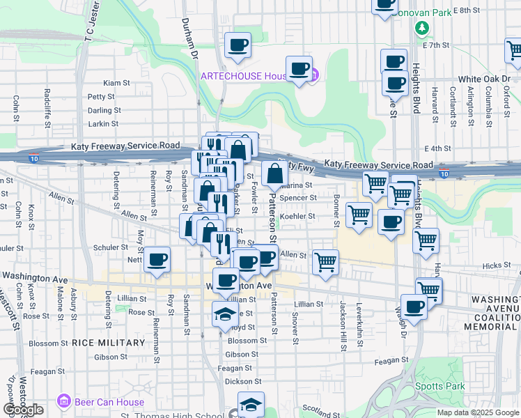 map of restaurants, bars, coffee shops, grocery stores, and more near 4602 Eigel Street in Houston