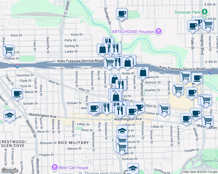 map of restaurants, bars, coffee shops, grocery stores, and more near 4822 Eigel Street in Houston