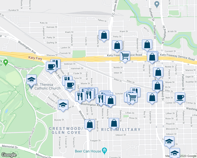 map of restaurants, bars, coffee shops, grocery stores, and more near 1537 Malone Street in Houston