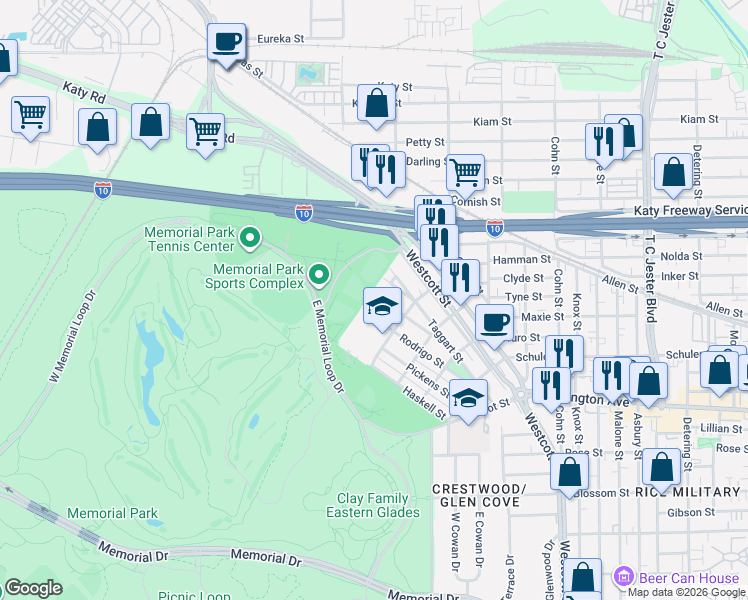 map of restaurants, bars, coffee shops, grocery stores, and more near 6638 Minola Street in Houston