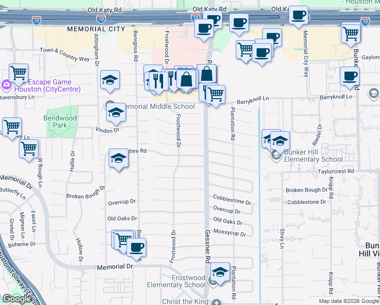 map of restaurants, bars, coffee shops, grocery stores, and more near 12315 Woodthorpe Lane in Houston