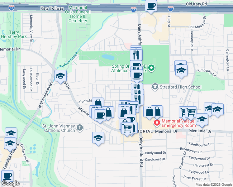 map of restaurants, bars, coffee shops, grocery stores, and more near 14722 Perthshire Road in Houston
