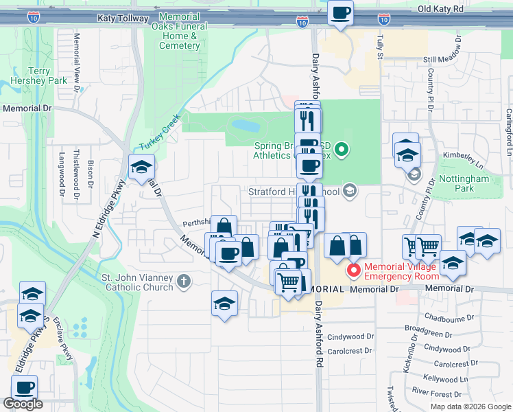 map of restaurants, bars, coffee shops, grocery stores, and more near 14722 Perthshire Road in Houston