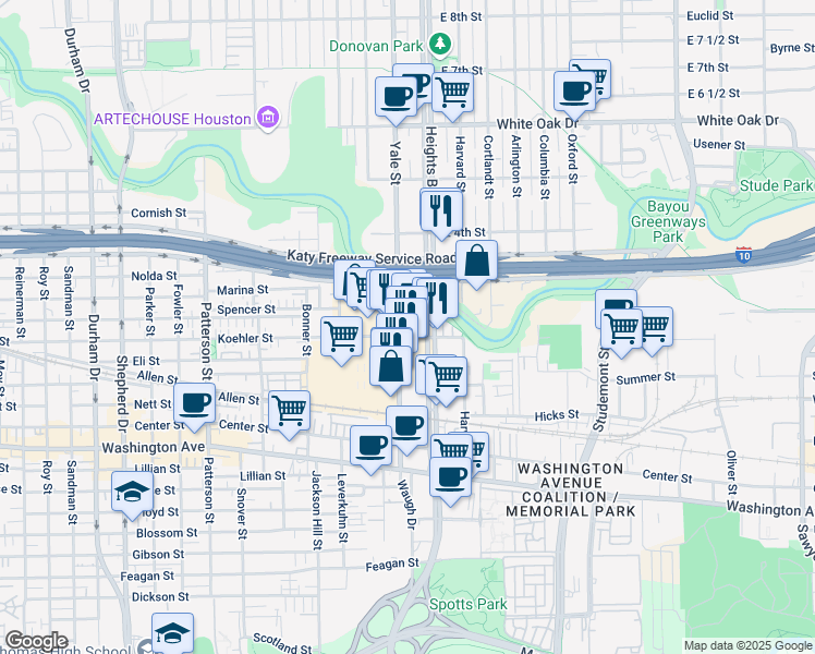 map of restaurants, bars, coffee shops, grocery stores, and more near 215 Heights Boulevard in Houston