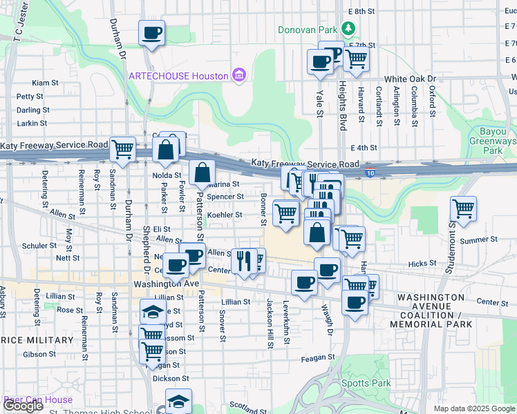 map of restaurants, bars, coffee shops, grocery stores, and more near 4130 Eigel Street in Houston
