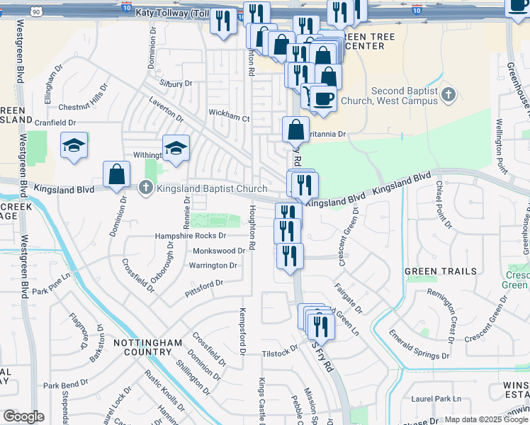 map of restaurants, bars, coffee shops, grocery stores, and more near 20115 Kingsland Boulevard in Katy