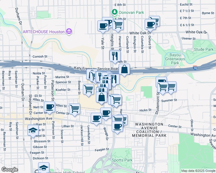 map of restaurants, bars, coffee shops, grocery stores, and more near 222 Yale Street in Houston