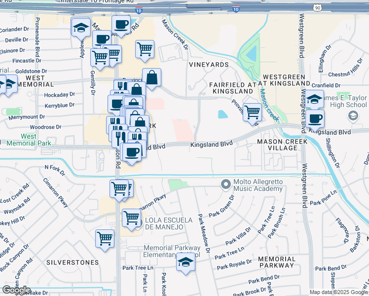 map of restaurants, bars, coffee shops, grocery stores, and more near 21685 Kingsland Boulevard in Katy