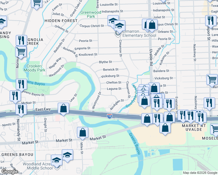 map of restaurants, bars, coffee shops, grocery stores, and more near 13113 Laguna Street in Houston