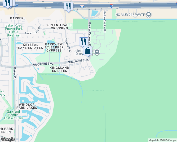 map of restaurants, bars, coffee shops, grocery stores, and more near 18021 Kingsland Boulevard in Houston