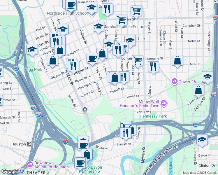 map of restaurants, bars, coffee shops, grocery stores, and more near 1206 Brooks Street in Houston