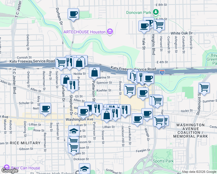 map of restaurants, bars, coffee shops, grocery stores, and more near 4306 Eigel Street in Houston