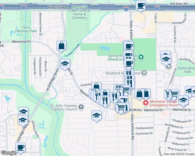 map of restaurants, bars, coffee shops, grocery stores, and more near 14814 Perthshire Road in Houston