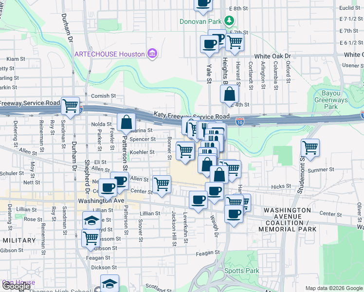 map of restaurants, bars, coffee shops, grocery stores, and more near 4040 Koehler Street in Houston