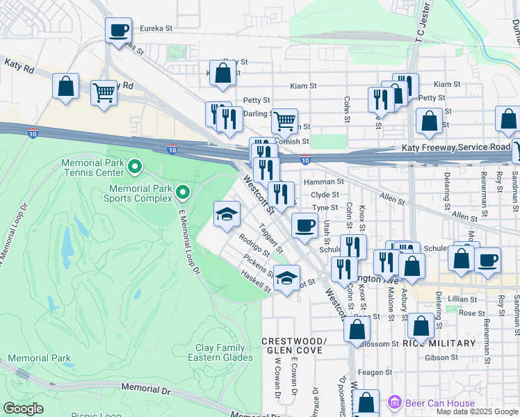 map of restaurants, bars, coffee shops, grocery stores, and more near 6551 Westcott Street in Houston
