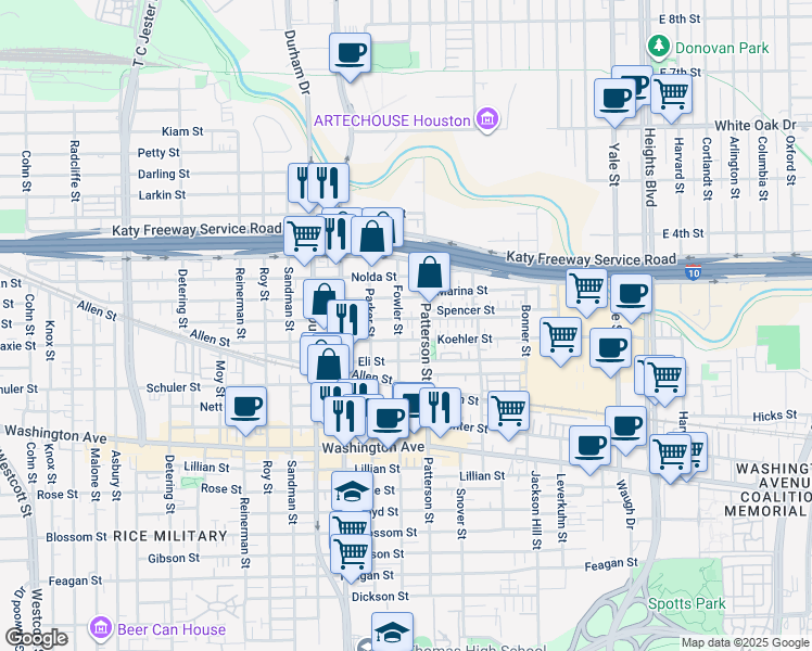 map of restaurants, bars, coffee shops, grocery stores, and more near 4515 Eigel Street in Houston