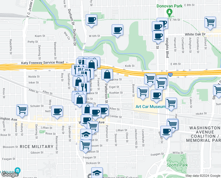 map of restaurants, bars, coffee shops, grocery stores, and more near 4433 Eigel Street in Houston