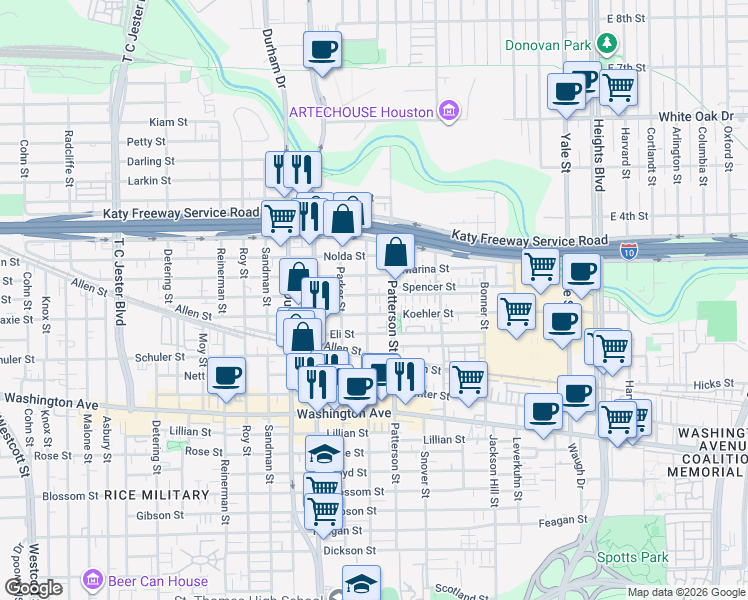map of restaurants, bars, coffee shops, grocery stores, and more near 4515 Eigel Street in Houston