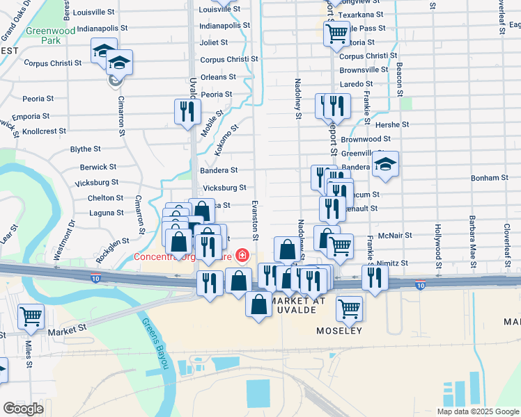 map of restaurants, bars, coffee shops, grocery stores, and more near 1101 Evanston Street in Houston