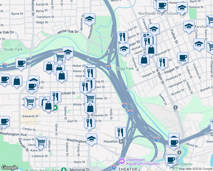 map of restaurants, bars, coffee shops, grocery stores, and more near 1918 Goliad Street in Houston