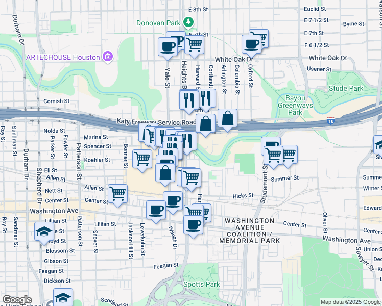 map of restaurants, bars, coffee shops, grocery stores, and more near 121 East 2nd Street in Houston