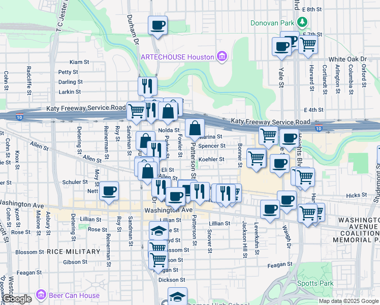 map of restaurants, bars, coffee shops, grocery stores, and more near 4447 Spencer Street in Houston