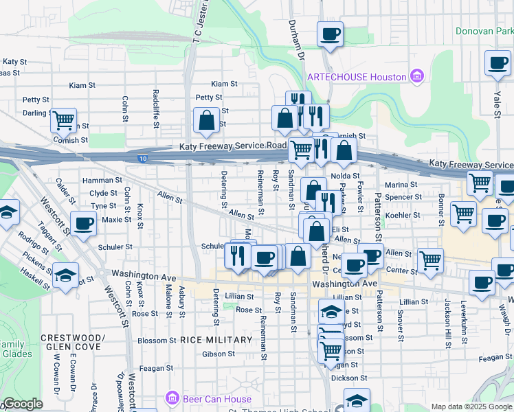 map of restaurants, bars, coffee shops, grocery stores, and more near 1604 Reinerman Street in Houston