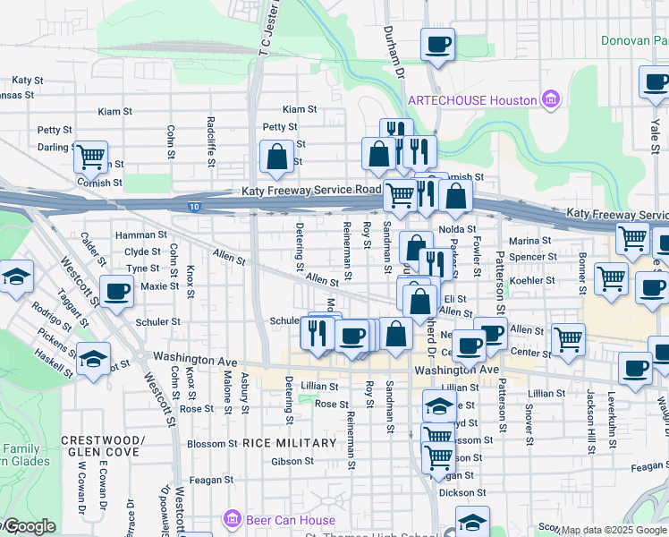 map of restaurants, bars, coffee shops, grocery stores, and more near 1604 Reinerman Street in Houston