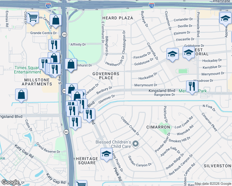 map of restaurants, bars, coffee shops, grocery stores, and more near 22931 Benbury Drive in Katy