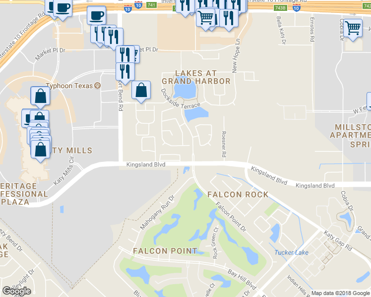 map of restaurants, bars, coffee shops, grocery stores, and more near 24615 Cabin Line Lane in Katy