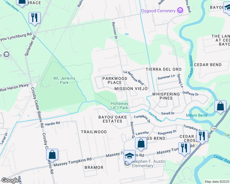 map of restaurants, bars, coffee shops, grocery stores, and more near 3010 Parkwood Drive in Baytown