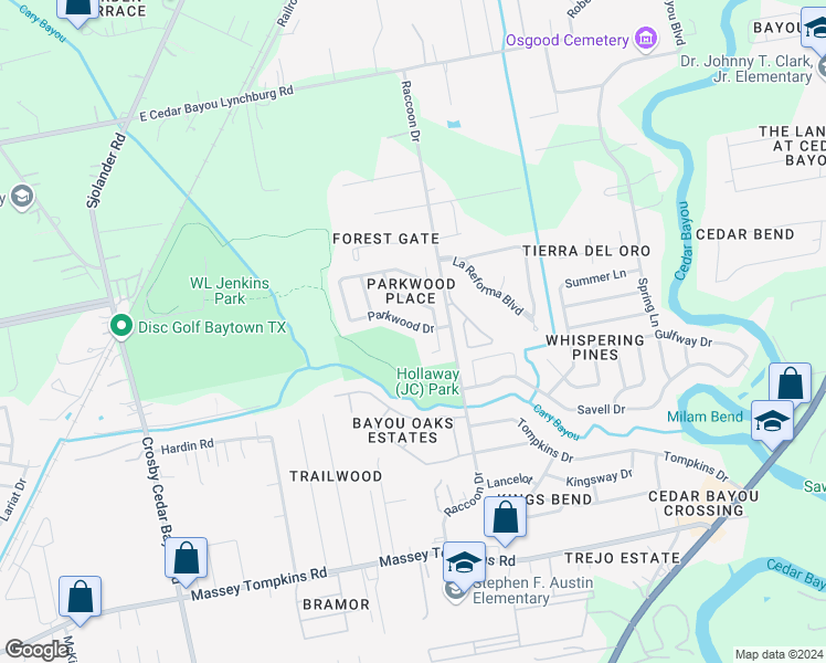 map of restaurants, bars, coffee shops, grocery stores, and more near 3010 Parkwood Drive in Baytown